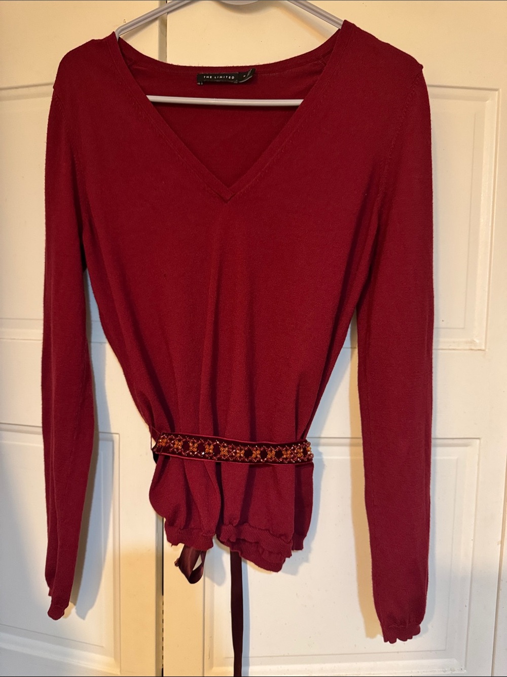 The Limited Women's Burgundy V-Neck Long Sleeve Sweater with Embellished Waist